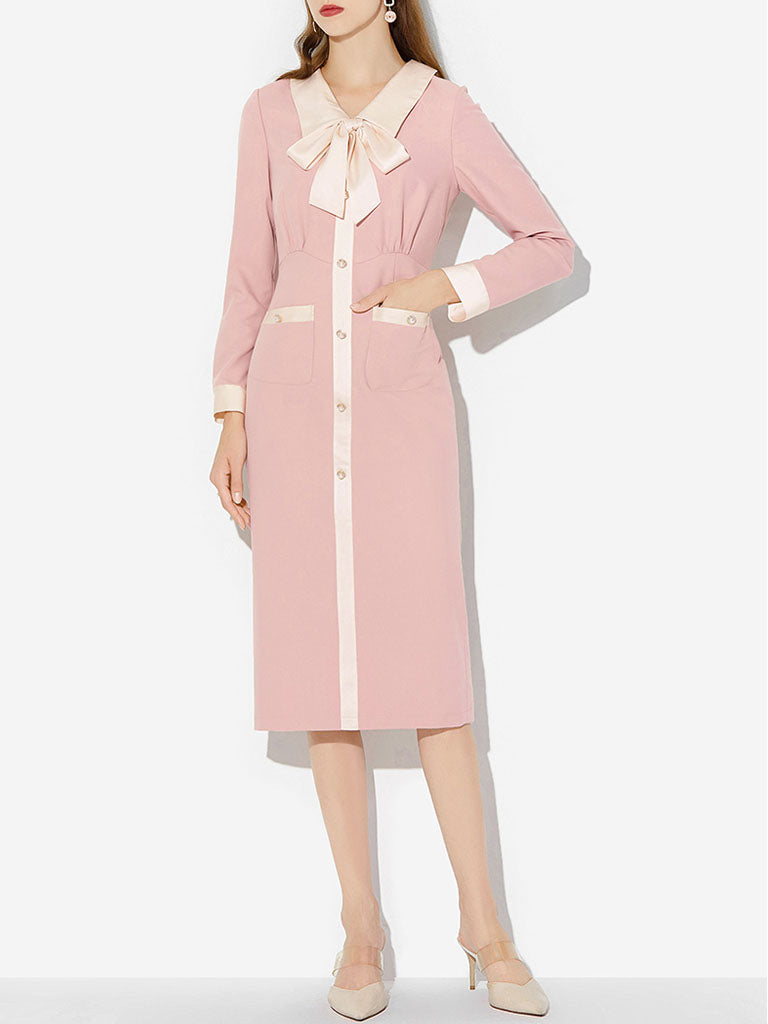 Pink Turn Down Collar Long Sleeve 1940S Vintage Dress