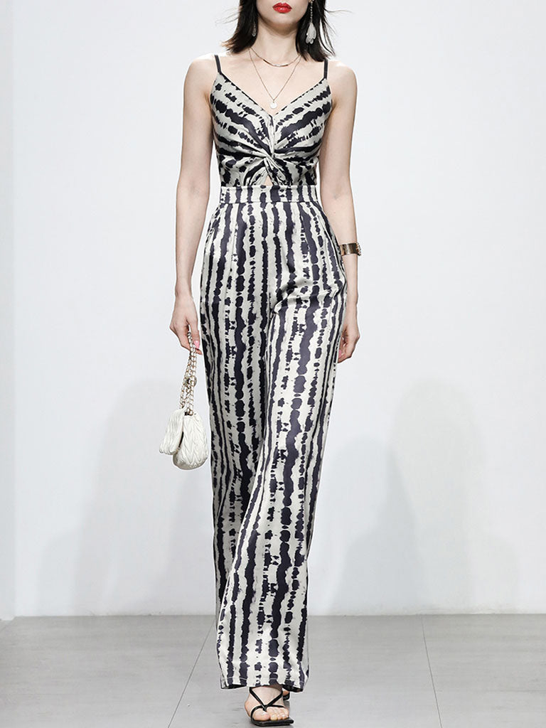 Black And White Animal Print Spaghetti Straps Jumpsuit