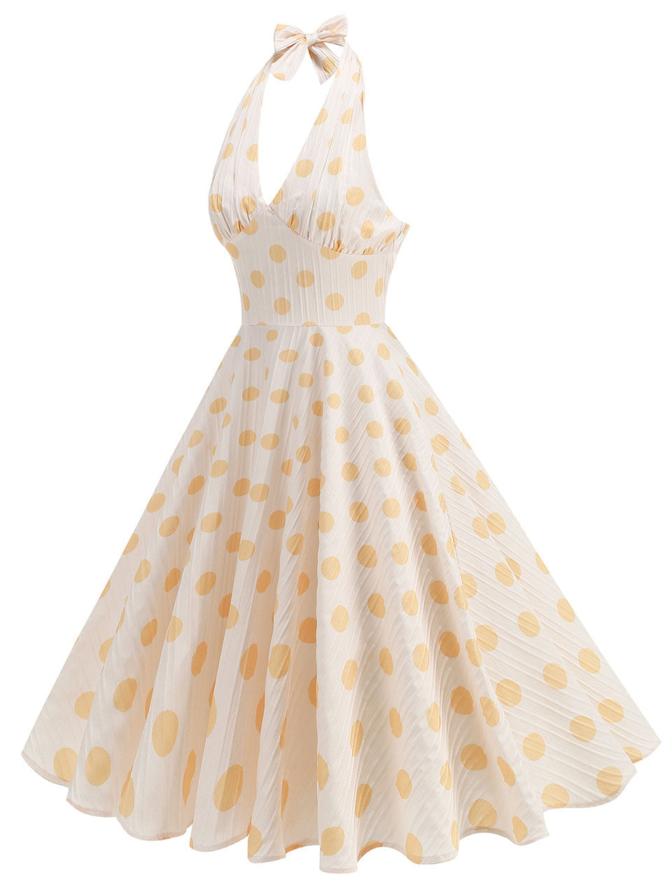 White and Yellow Polka Dots Halter Backless 1950S Vintage Swing Dress