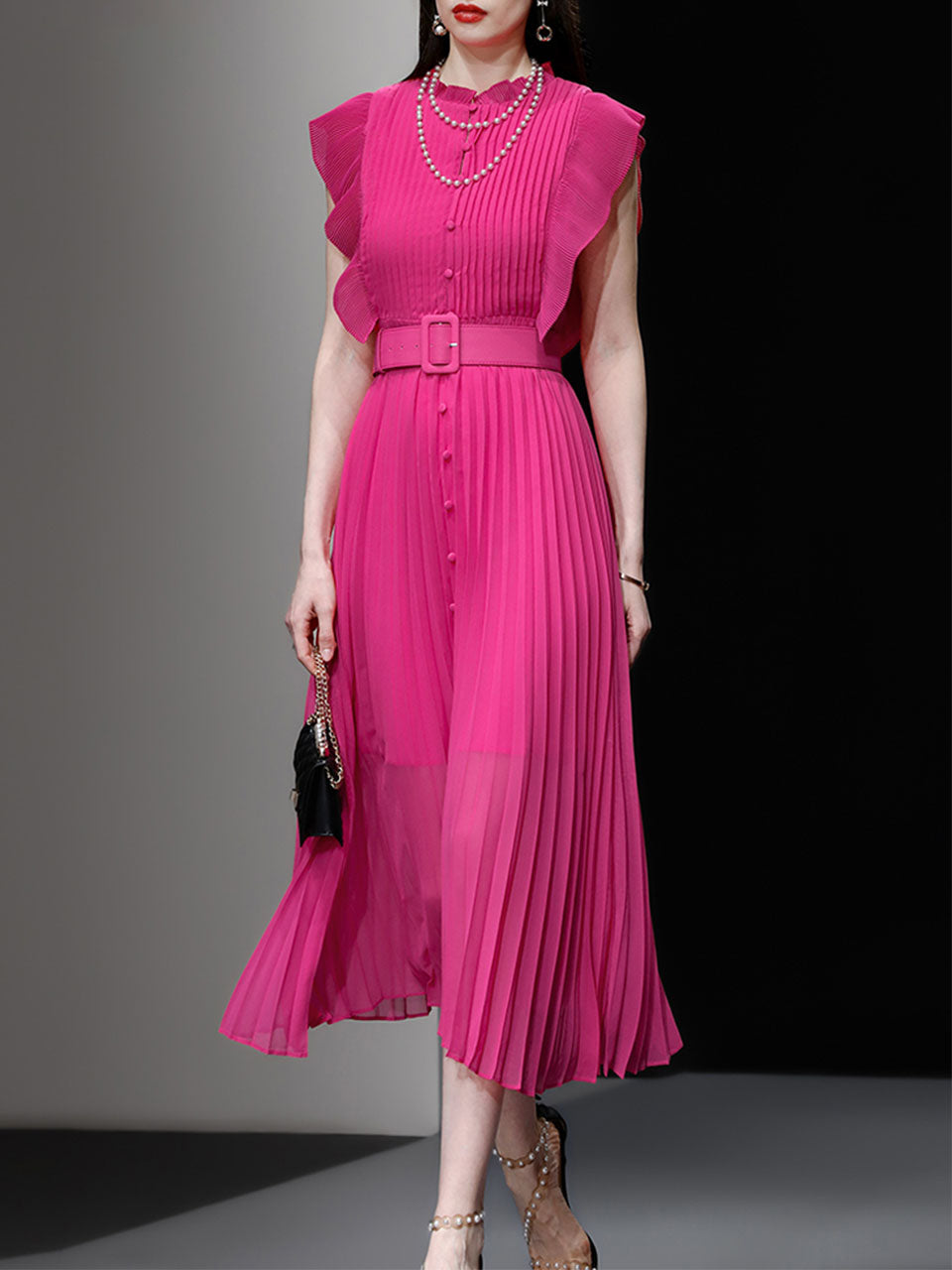 Rose Crew Neck Ruffles Pleated 1970S Vintage Dress