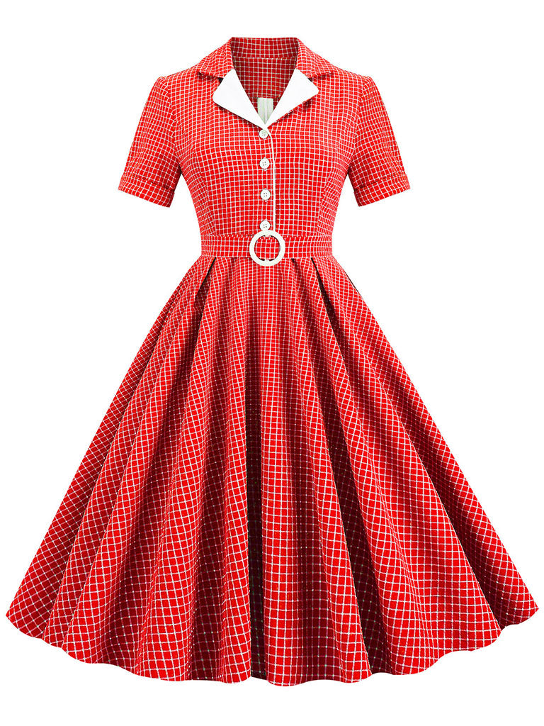 Green Plaid Turn Down Collar Short Sleeves 1950S Vintage Shirt Dress