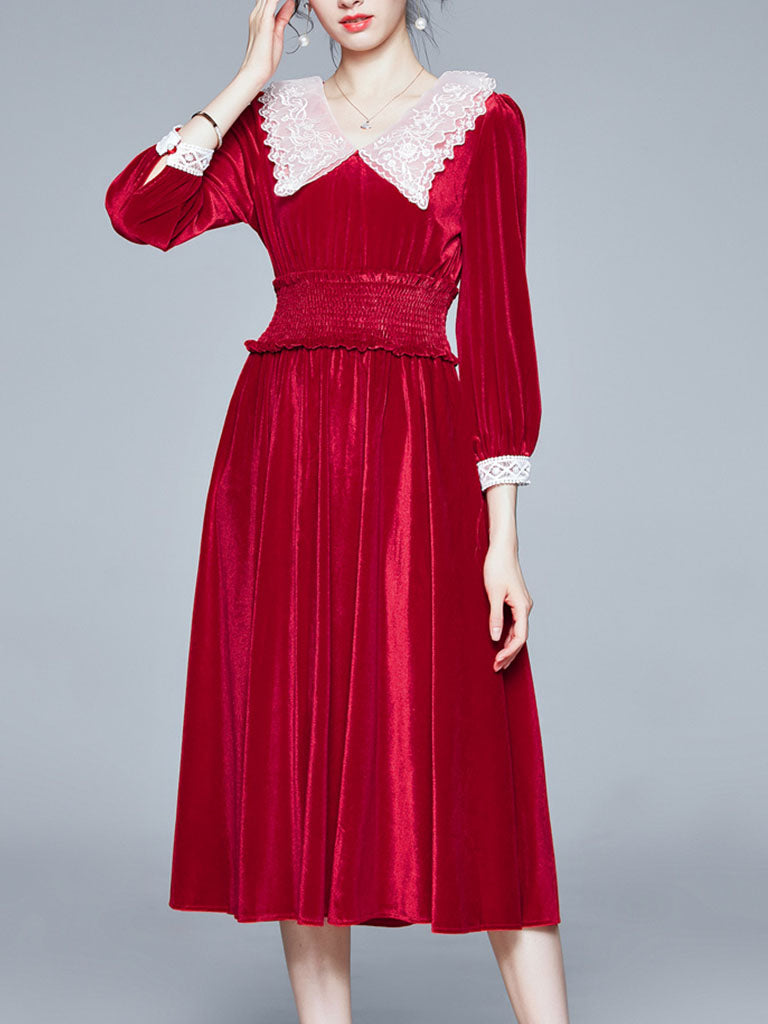 Vinatge Red Lace Long Sleeve Swing Velvet Dress