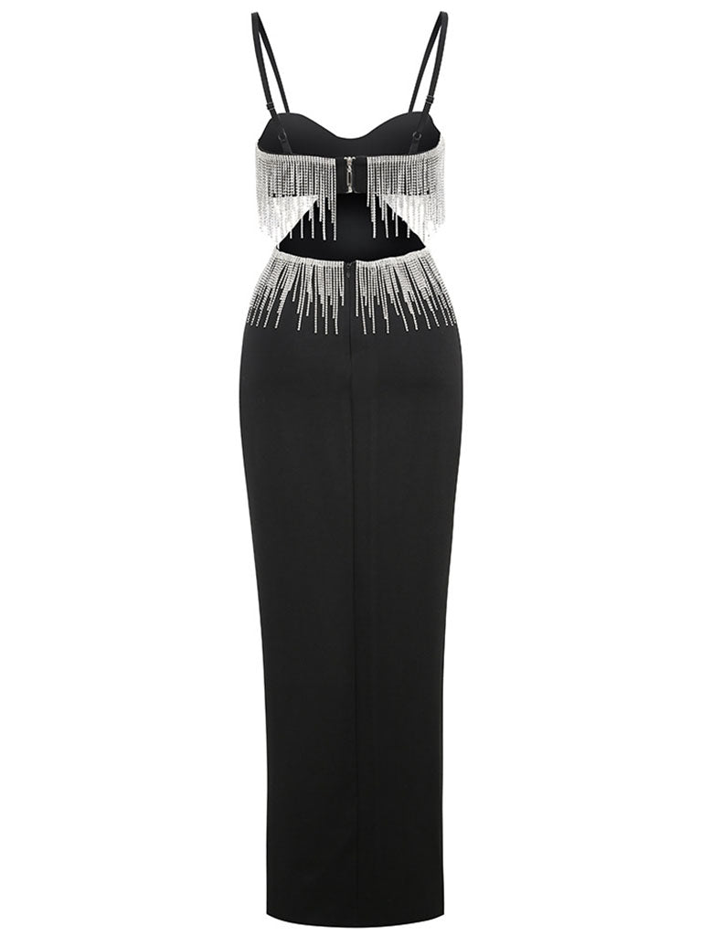 Black Spaghetti Strap Rhinestones Slit Gown Party Dress