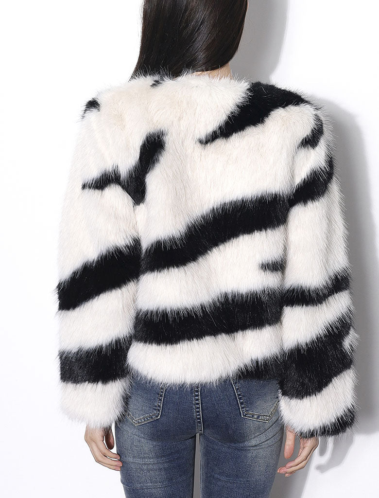 Black and White Zebra Stripes Faux Fur Long Sleeve Coat Winter Coat