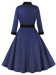 1950S Navy Vertical Stripes 3/4 Sleeve Vintage Swing Dress