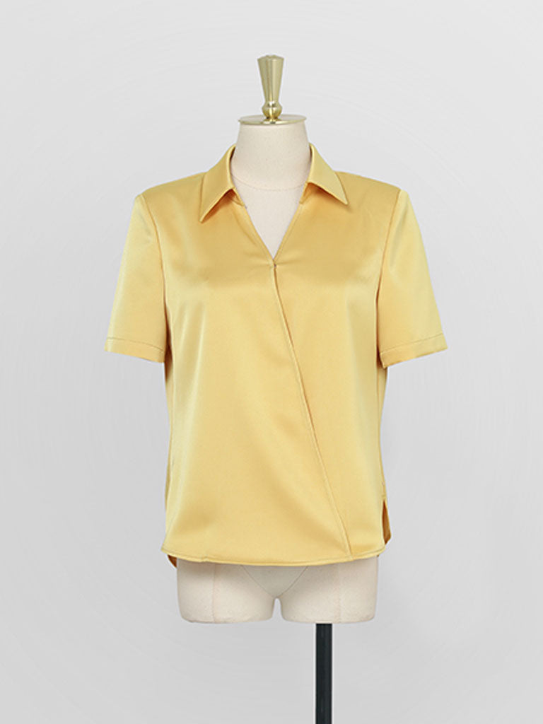 2PS Yellow Elegant V-neck Short Sleeve Shirt