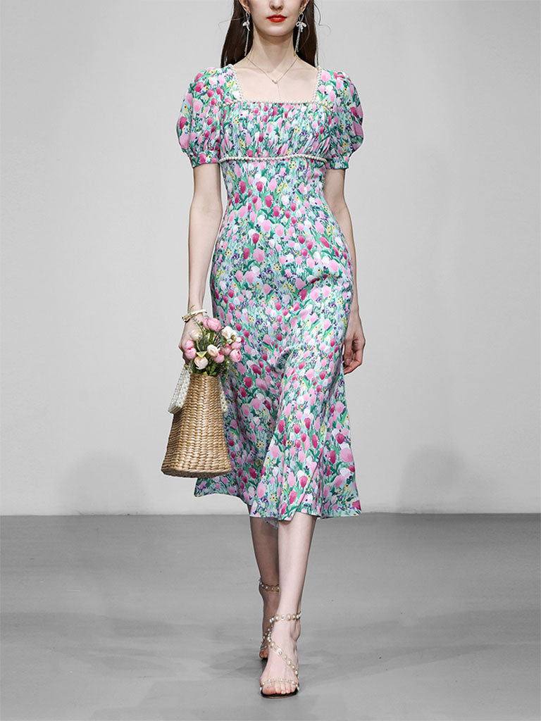 Blue Tulip Print Pearl 1950S Vintage Dress