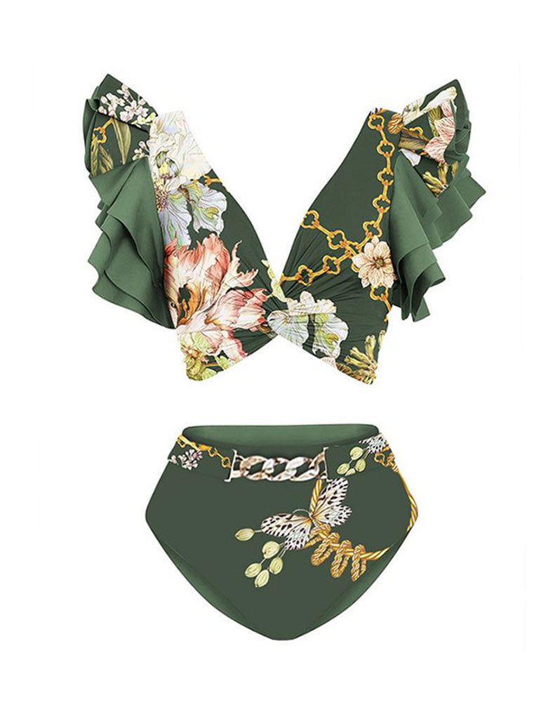 Green Retro Butterfly Print Bikini