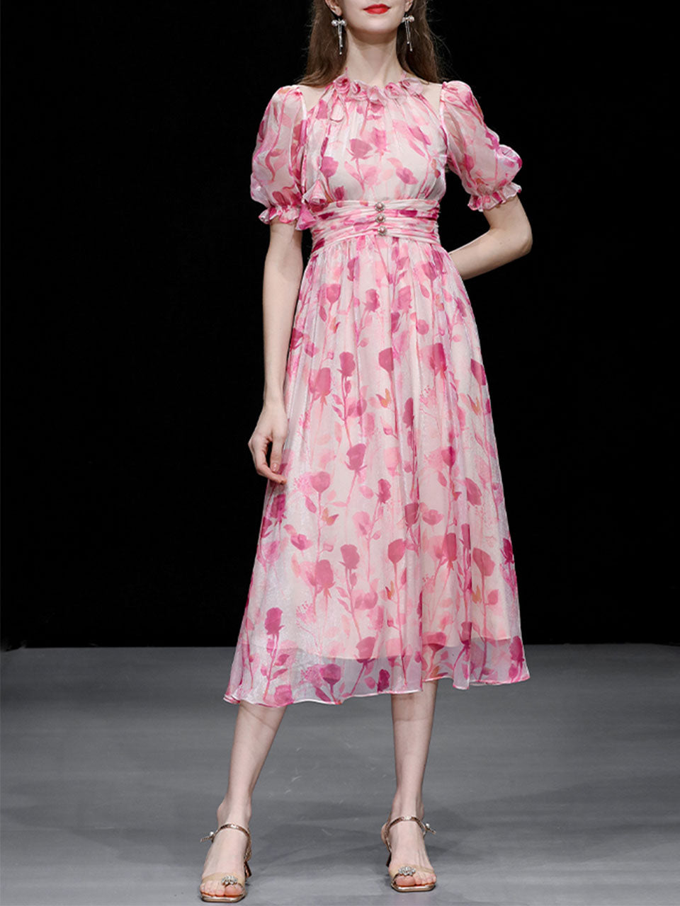 Pink Floral Print Ruffles 1950S Chiffon Vintage Dress
