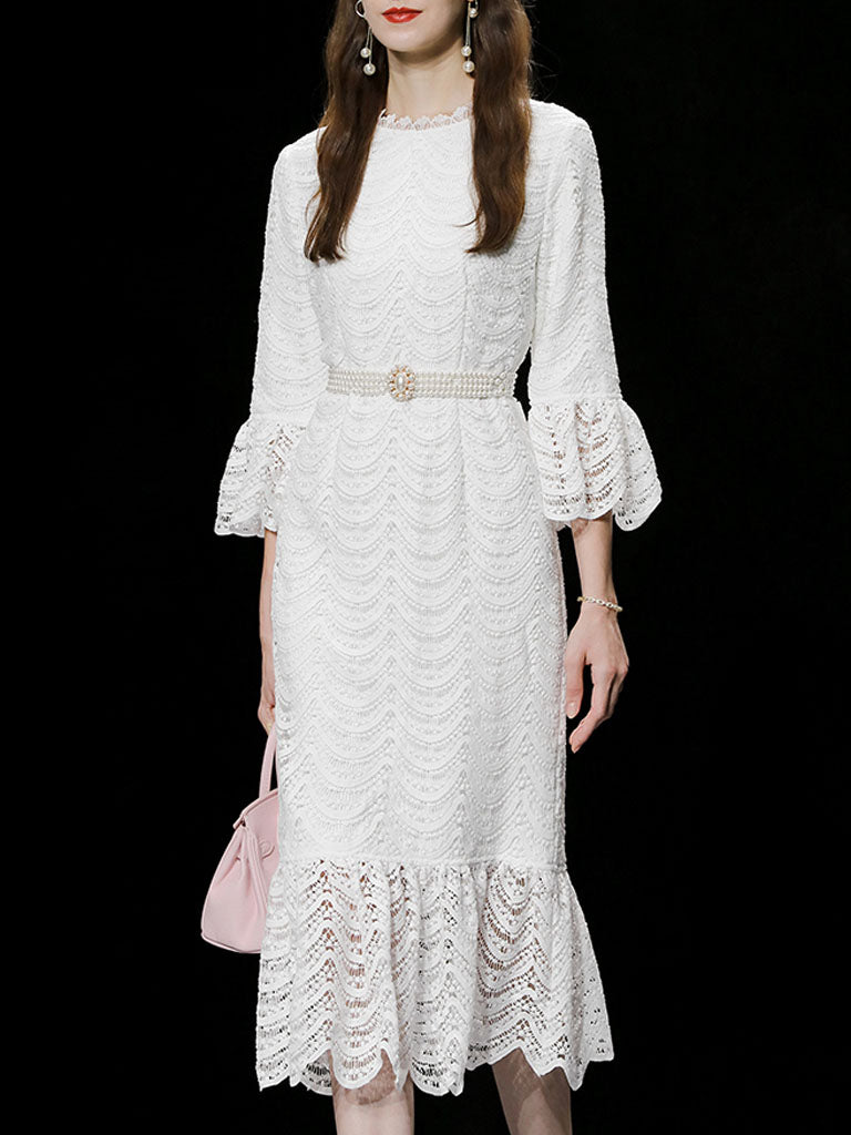 White 3/4 Sleeve 1950S Mermaid Vintage Dress