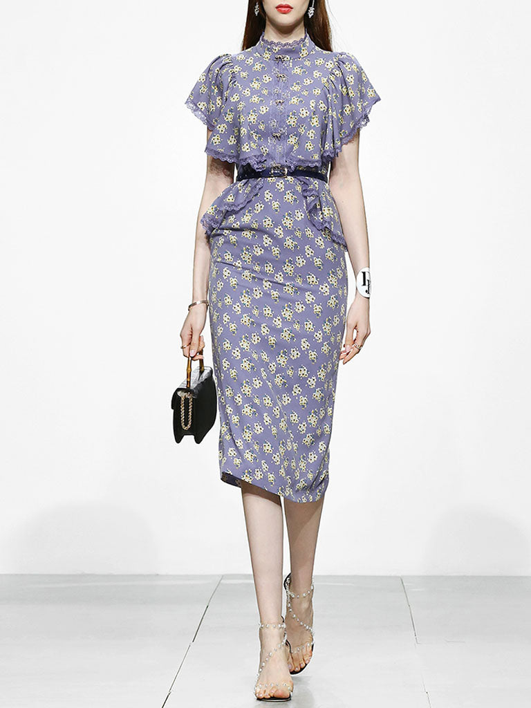 Lavender Lace Collar Ruffles Sleeve Floral Print 1930S Vintage Dress