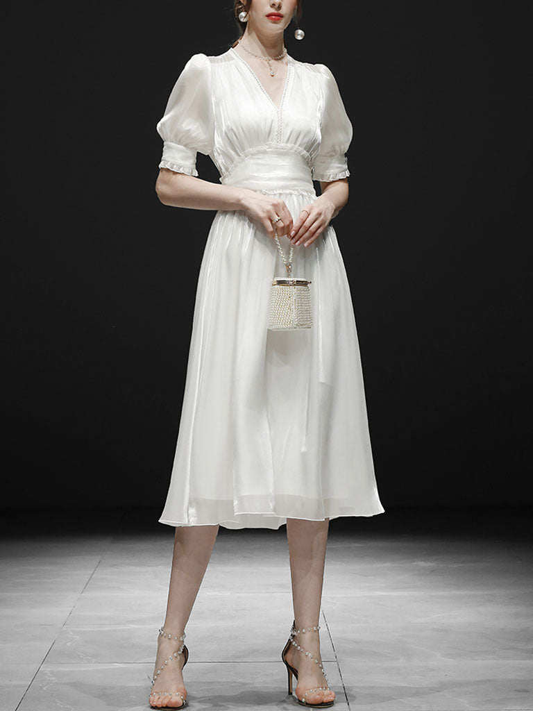 White Ruffles Puff Sleeve Organza Vintage Dress