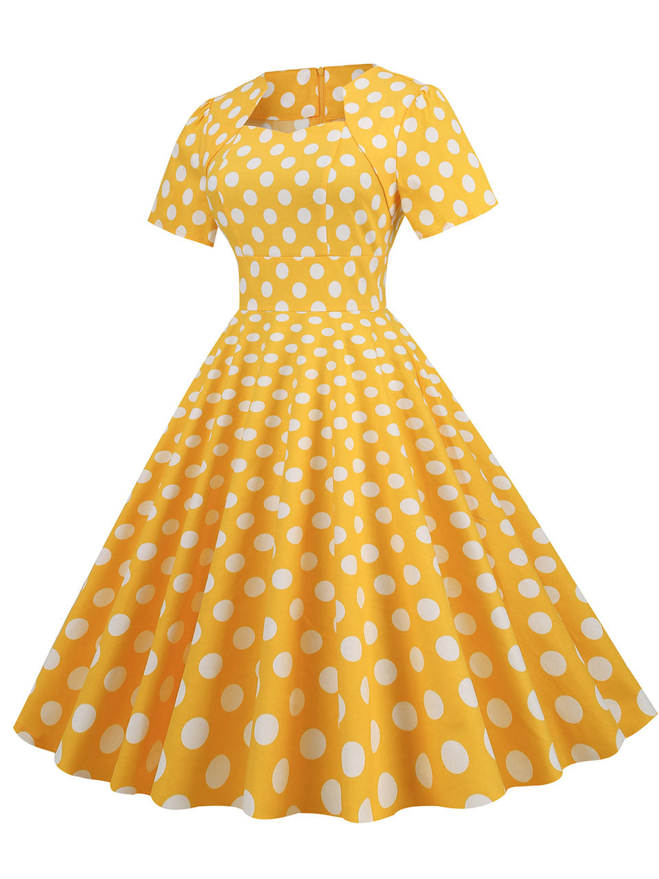 Yellow Polka Dots Sweet Heart Audrey Hepburn Style Cocktail Swing Dress