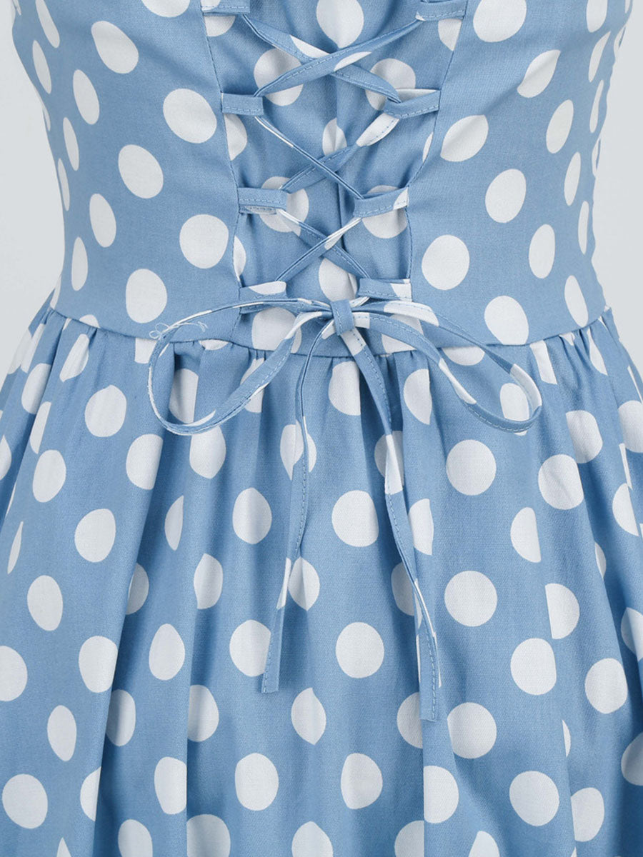 Blue And White Polka Dots Vintage Halter 1950S Dress