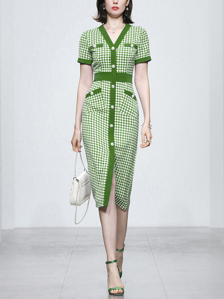 Green V Neck Checkerboard Print Short Sleeve 1940S Vintage Dress