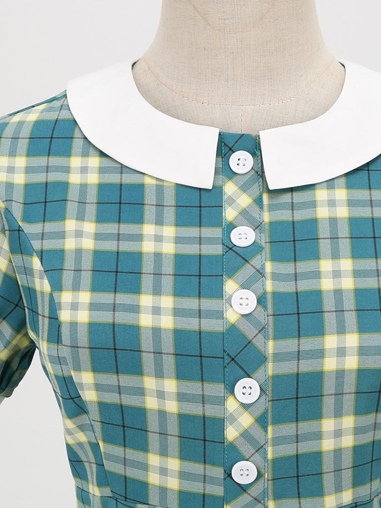 Green Plaid Peter Pan Collar Hepburn Style Puff Short Sleeved Elegant 1950S Swing Dress