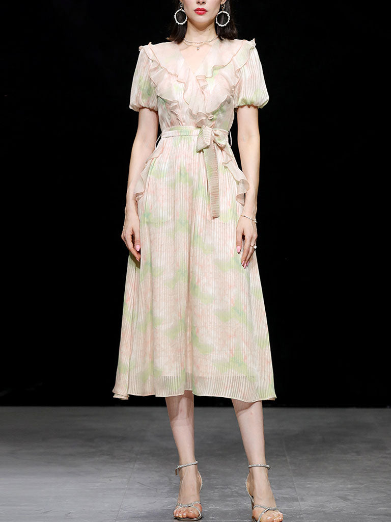 Pink Ruffles Collar Floral Frint Puff Sleeve 1950S Vintage Dress