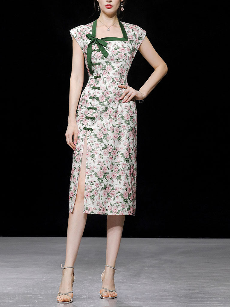 Green Rose Square Collar Split Cheongsam Dress