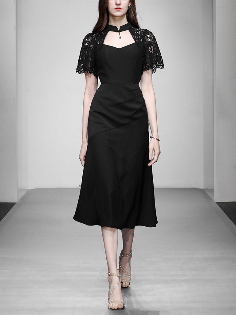 1950S Swing Queen Anne Lace Neckline Little Black Dress