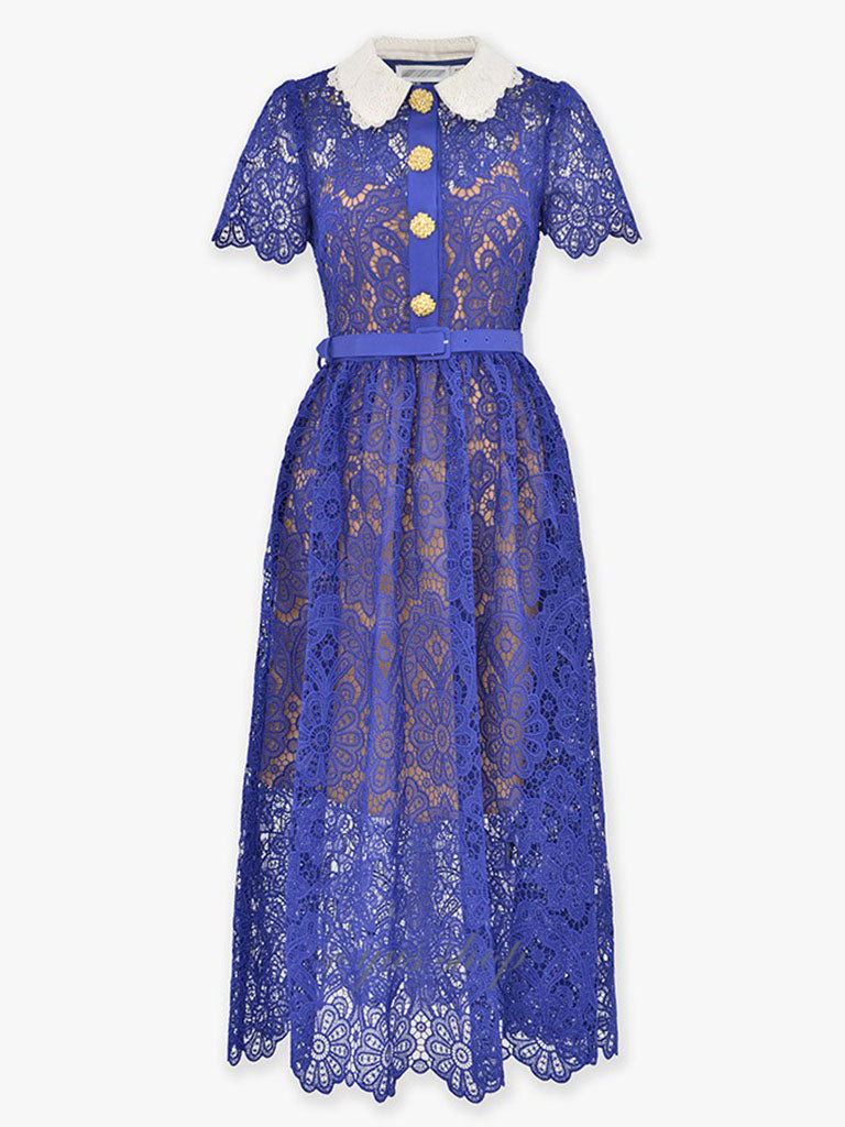 Navy Lace Peter Pan Collar Short Sleeve 1950S Vintage Dress