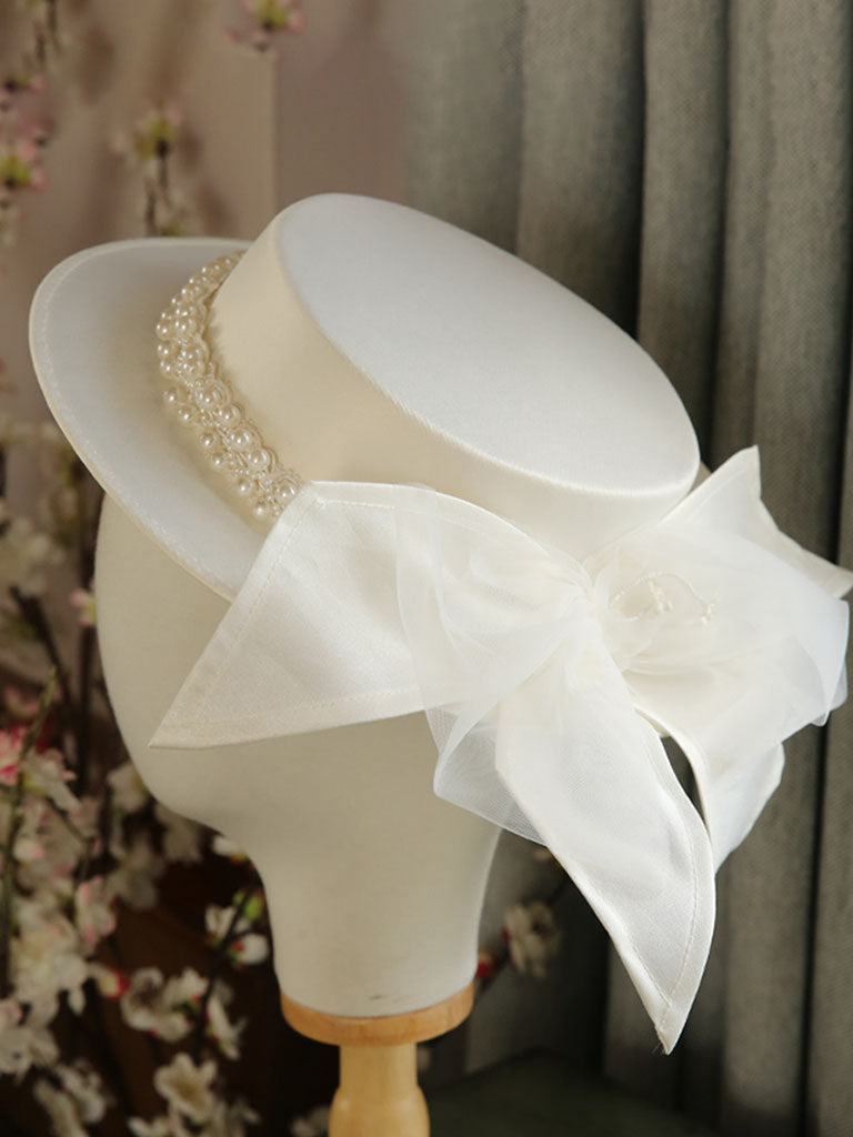White Big Bow Wedding Pearls Hat