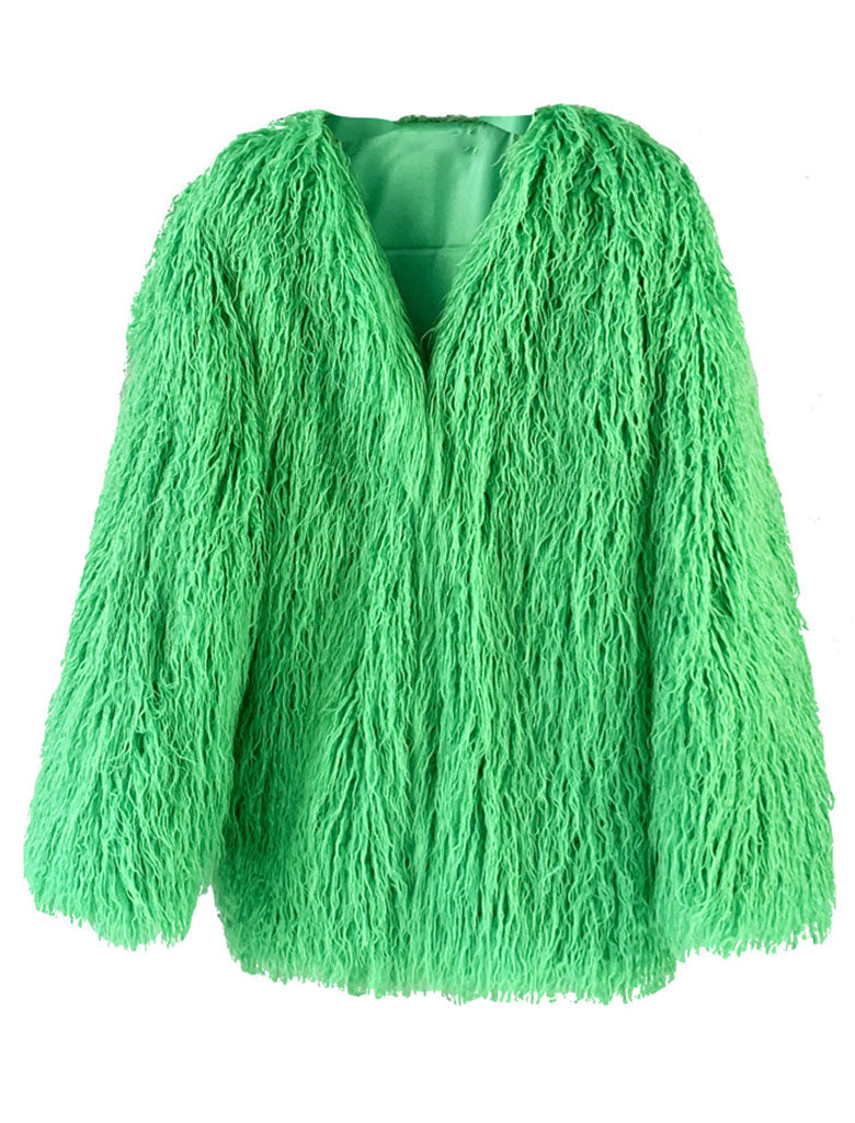 Green Faux Fur Long Sleeve Lambswool Coat Winter Coat