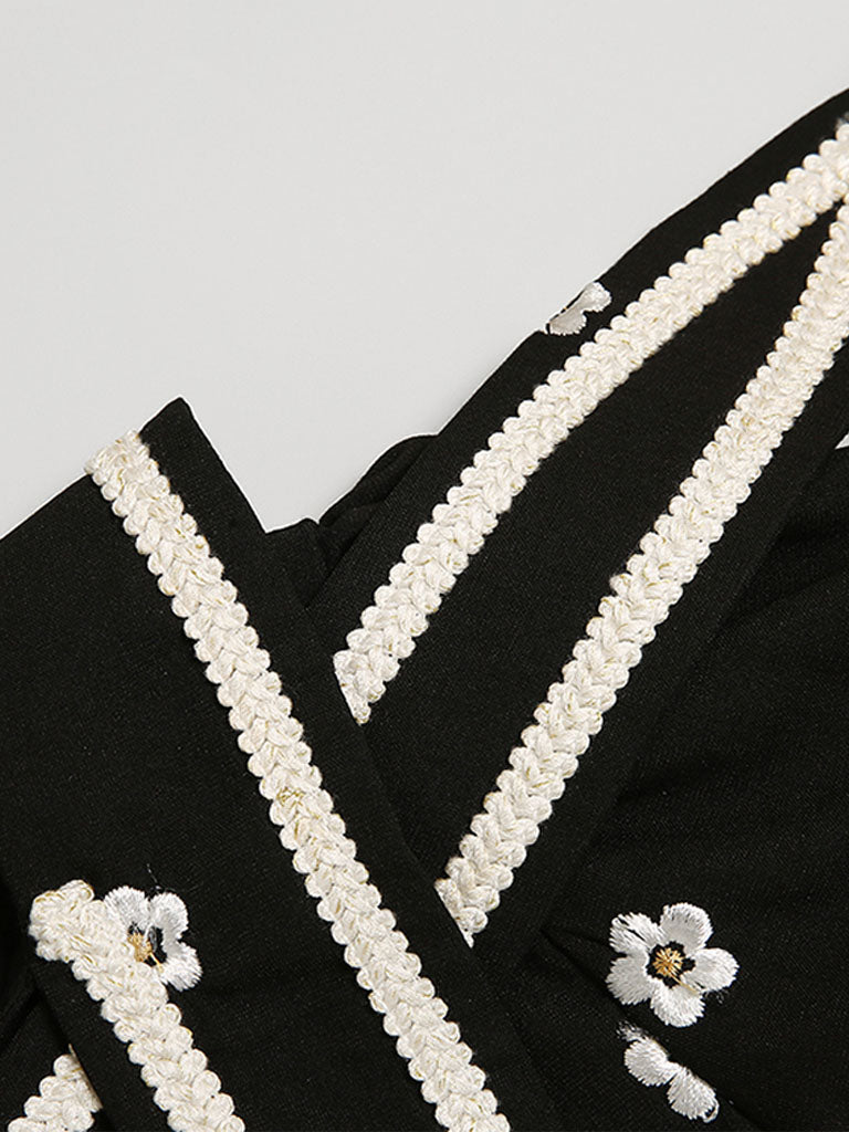 Black Embroidered Flowers Puff Sleeve 1940S Split Vintage Dress
