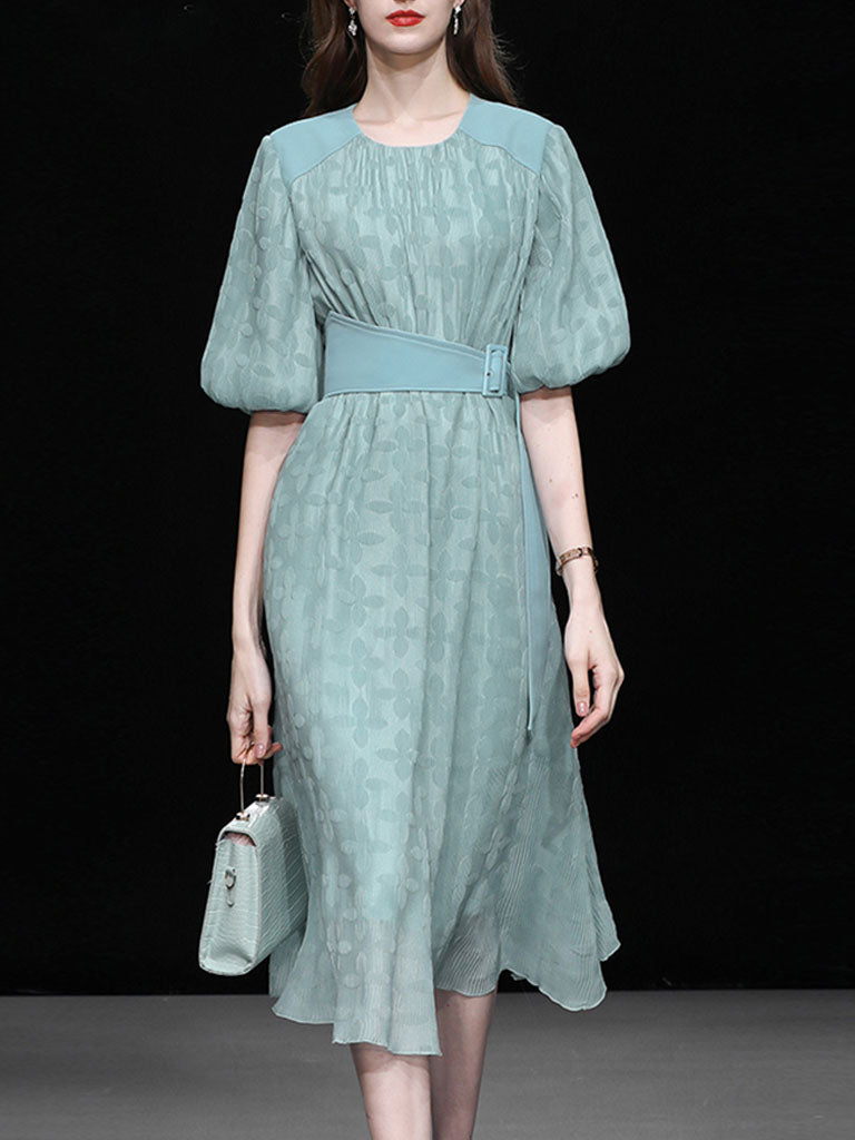 Green Crew Neck Toothpick Pleated Jacquard Fabric Puff Sleeve Vintage Dress