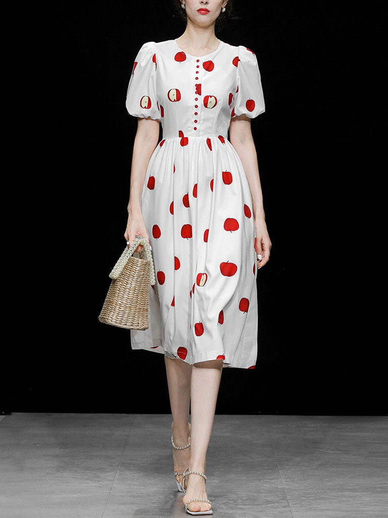 White Crew Neck Printed Red Apple Swing 1950S Dress