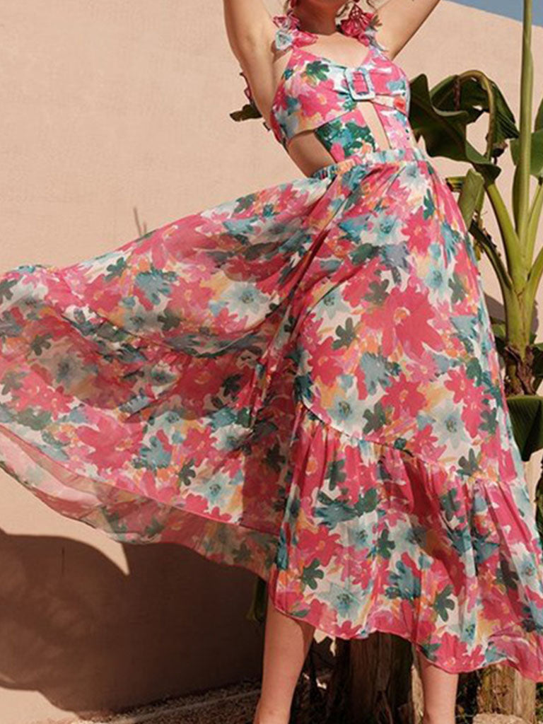 Pink Handmade Flower Ruffles Strappy One Piece