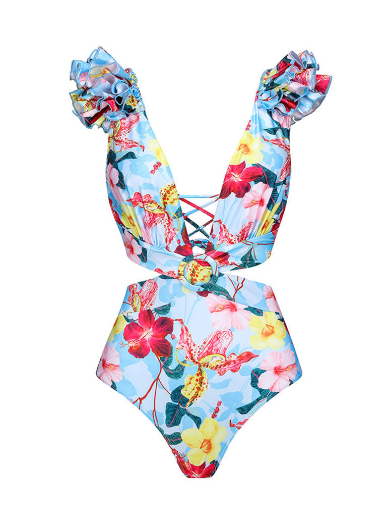 Blue Flower Print Ruffles One Piece
