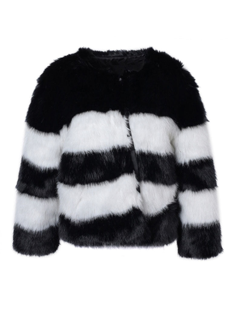 Black and White Stripes Faux Fur Long Sleeve Coat Winter Coat