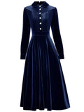 Royal Blue Peter Pan Collar Long Sleeve 1950S Velvet Vintage Dress