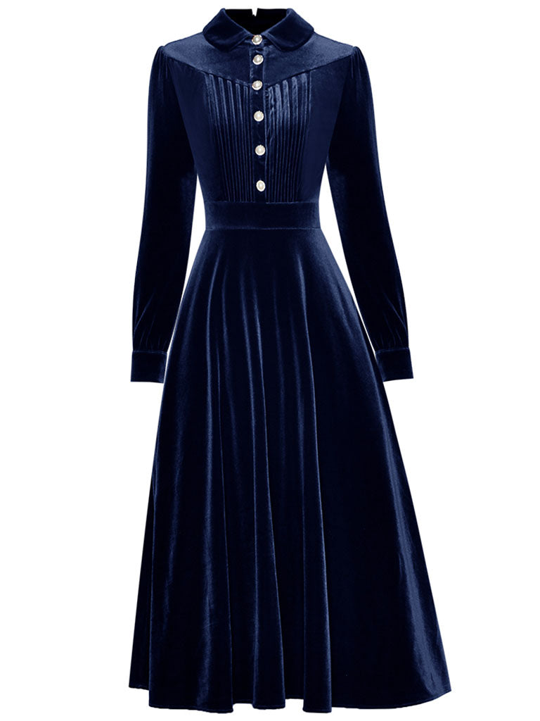 Royal Blue Peter Pan Collar Long Sleeve 1950S Velvet Vintage Dress
