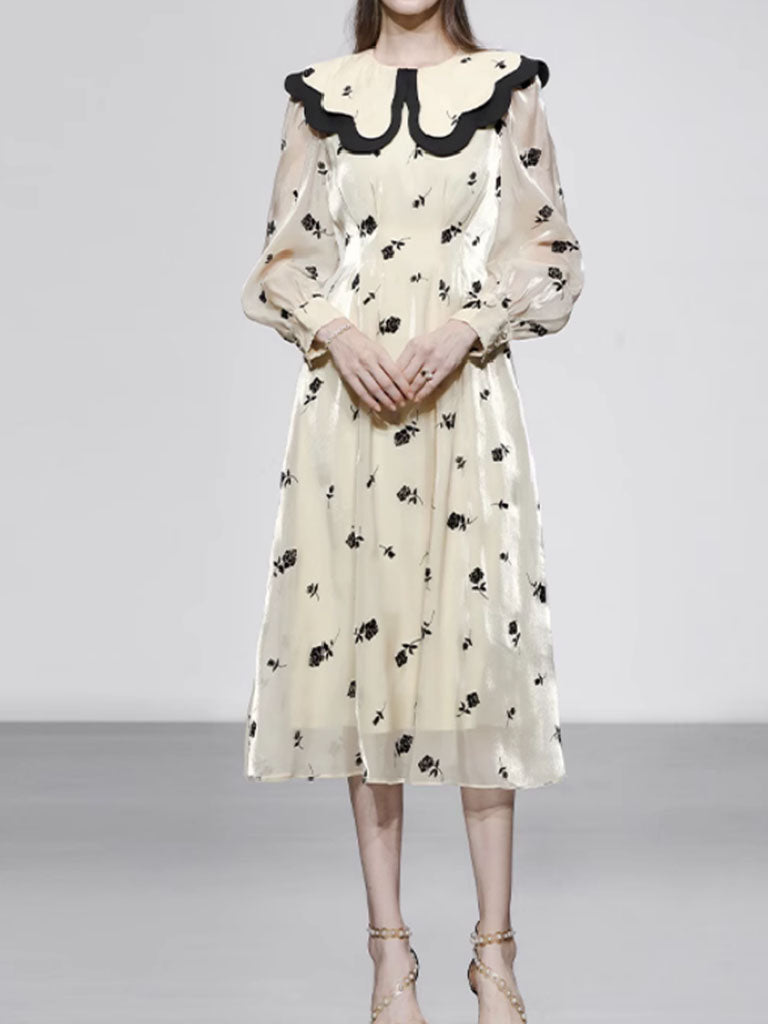 Yellow Floral Print Long Sleeve 1950S Mermaid Vintage Dress