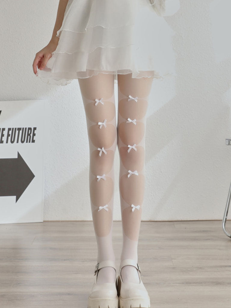 Solid Color White Lace Bow Sheer Thigh High Stockings