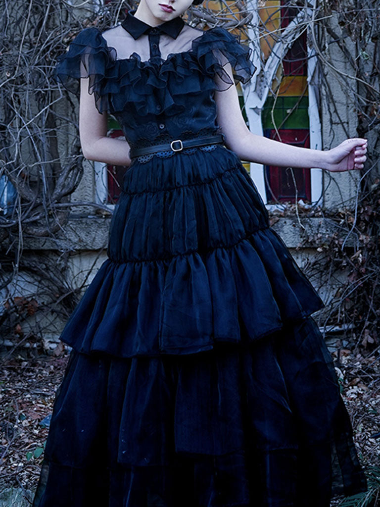 Black Ruffles Gothic Style Organza Vintage Dress Wednesday Dress