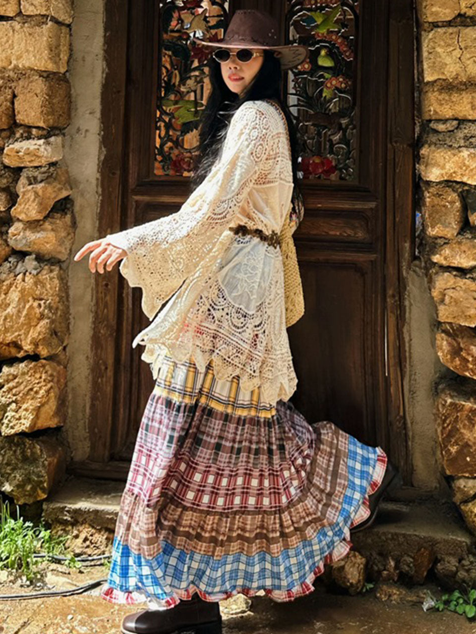 Bohemian Lace Dress and Print Skirt Boho Maxi Dress Outfit