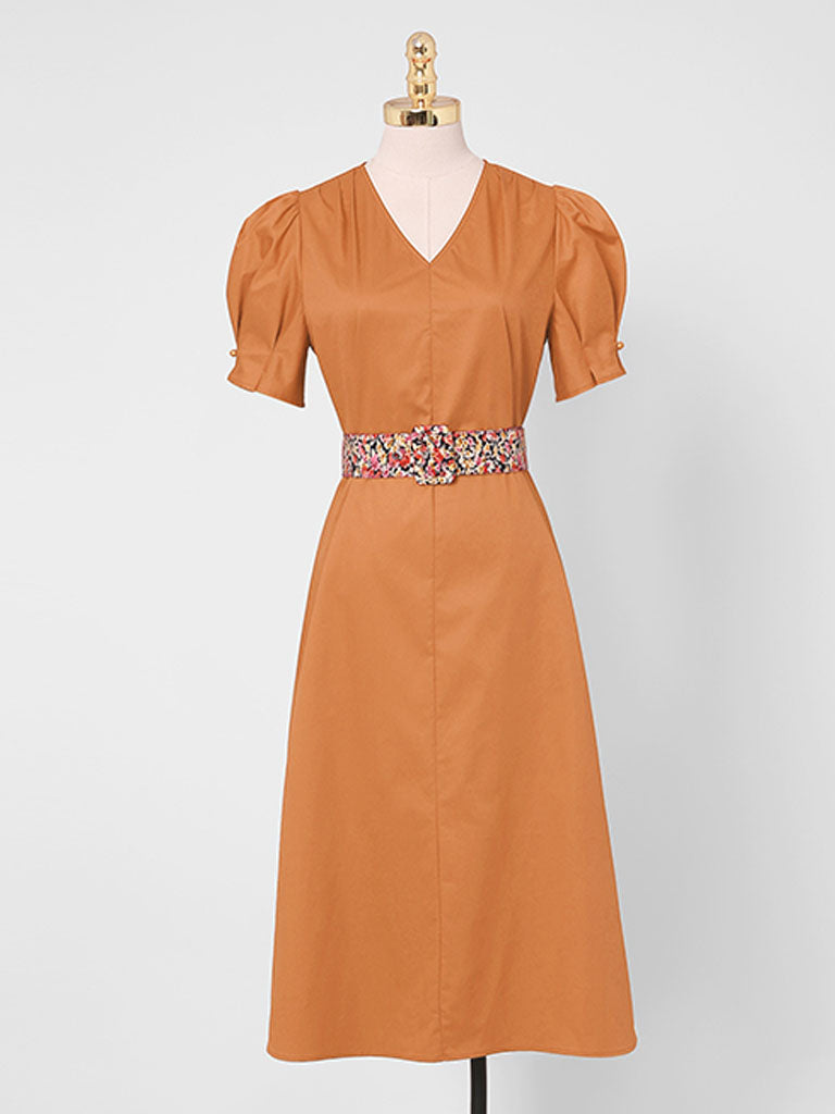 Orange V Neck Puff Sleeve Audrey Hepburn Style 50S Vintage Dress