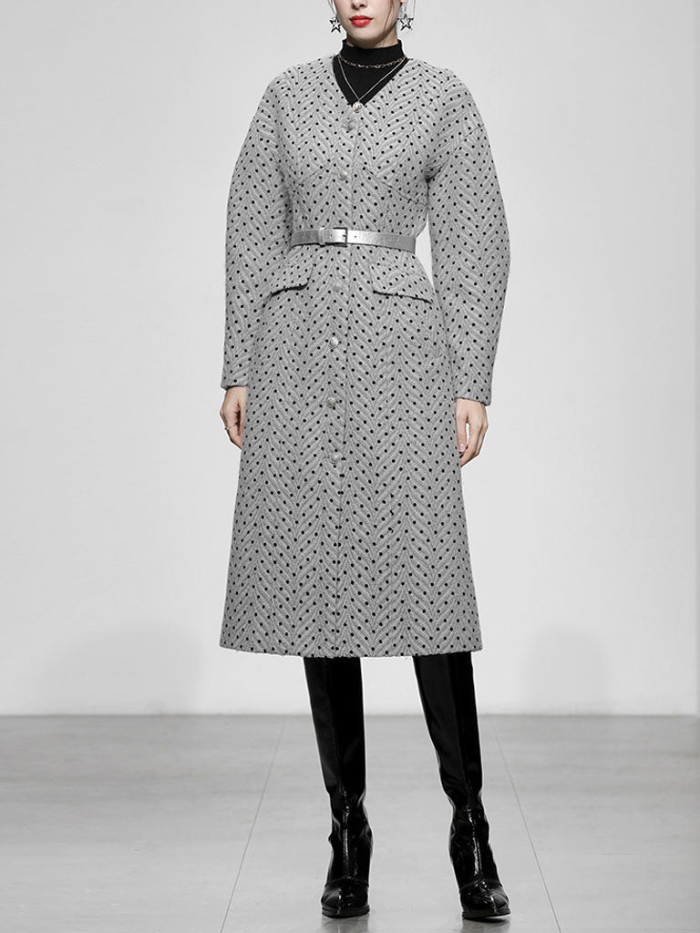 Light Grey V Neck Polka Dot Woolen Coat
