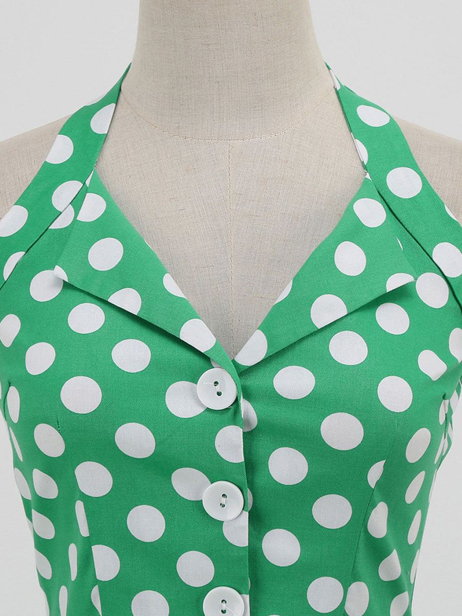 Green And White Polka Dots Pockets Vintage Halter 1950S Dress