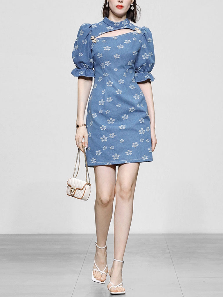 Retro Cheongsam Stand Collar Hollow Puff Sleeves Denim Printed Mini Dress