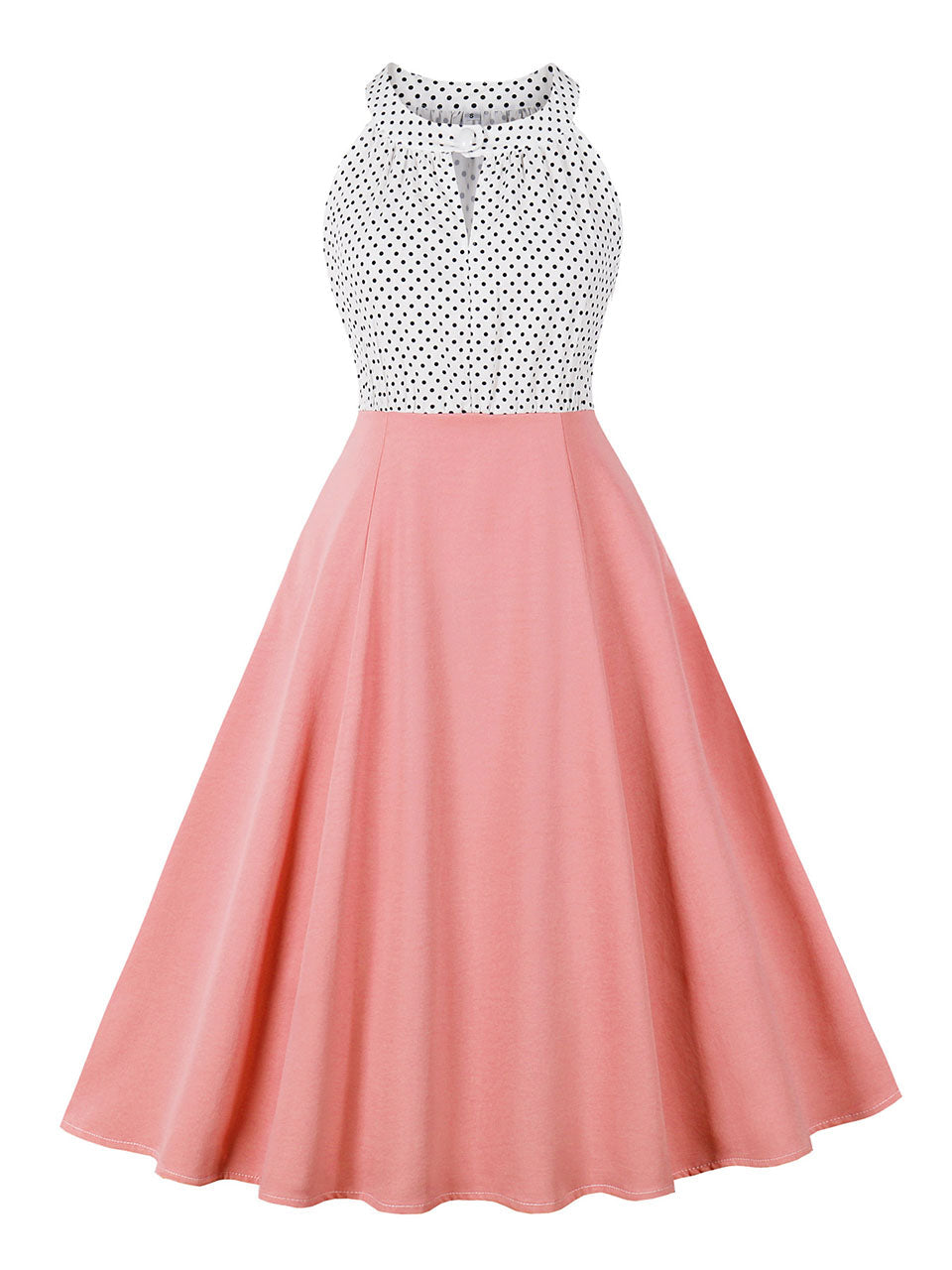 Blue Sweat Heart Halter Sleeveless Polka Dots 1950s Vintage Swing Dress