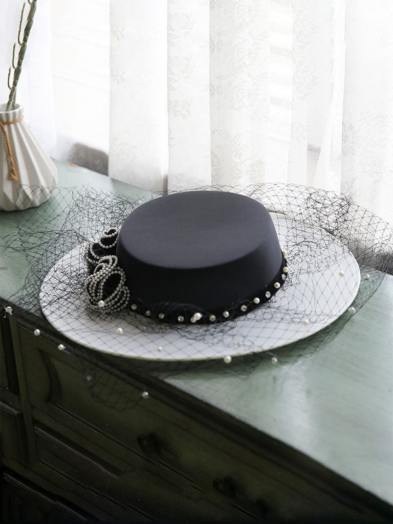 Vintage Flower Mesh Black and White Hepburn Hat Boater Hat