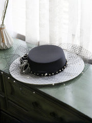 Vintage Flower Mesh Black and White Hepburn Hat Boater Hat