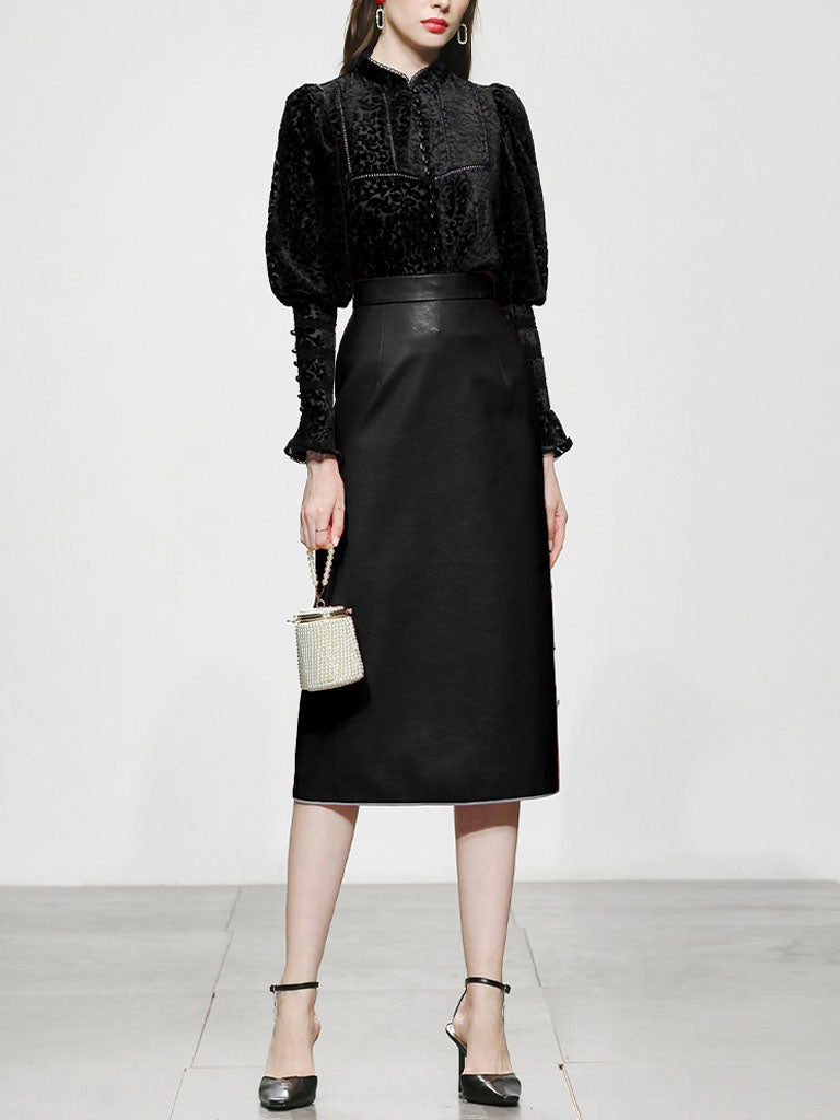 2PS Black 1950S Vintage Mandarin Collar Classic Top And Black Pu Skirt Suit
