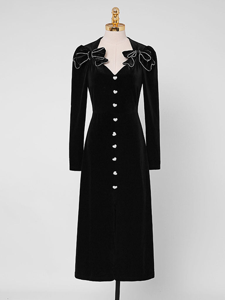 Black Bowknot V Neck Velvet Heart Button 1950S Vintage Dress