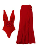 Red Ruffles Rose One Piece