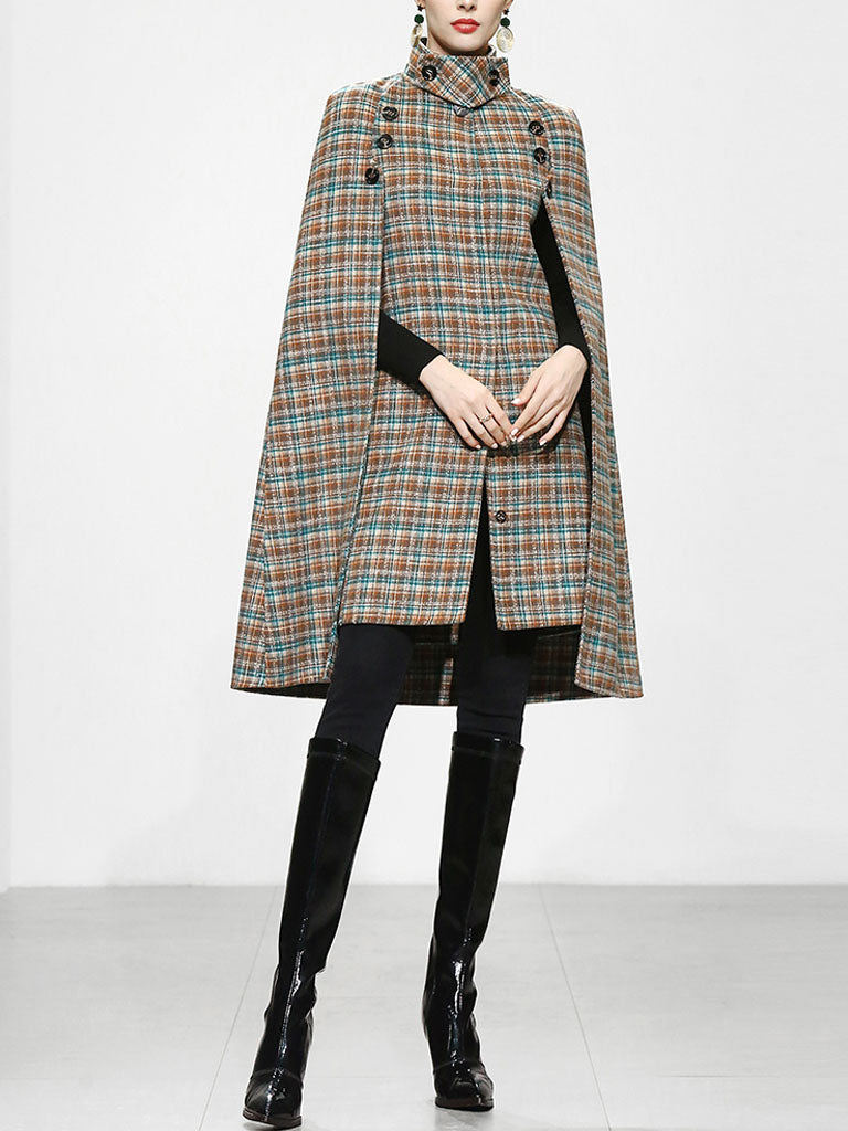 Sweet Brown Plaid Long Sleeve Dress Cape Coat