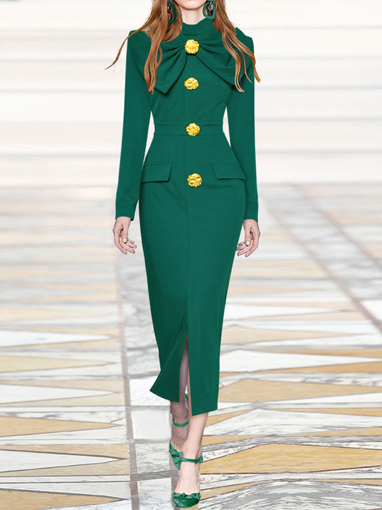 Green Bow Collar Long Sleeve 1940S Bodycon Vintage Dress
